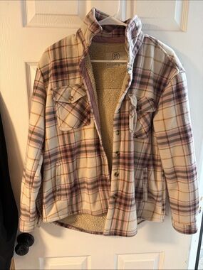 Sherpa-Lined Plaid Shacket Jacket - Pink & Cream